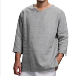 Jinquedai  New Men's V Neck Cotton Linen T Shirts Male Breathable Solid Color Long Sleeve Casual Sports Fashion Linen T-Shirt Tops M-4XL jinquedai