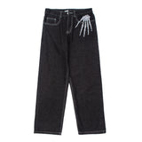 Jinquedai  Dark Streetwear Skeleton Embroidery Punk Black Men Hip Hop Jeans Pants Straight Casual Wide Denim Trousers Pantalons Capris