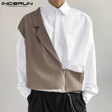 Jinquedai Fashion Men Casual Shirt Lapel Patchwork Long Sleeve Button Zipper Streetwear Fake Two Pieces Tops Camisas S-5XL INCERUN jinquedai