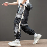 Men Cargo Pants Black Ribbons Block Multi-Pocket Harem Joggers Harajuku Sweatpant Hip Hop Casual Harem Tide Male Trousers jinquedai