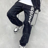 High Street Ink Painted Letter Washed Retro Straight Jeans Pants Mens and Womens Hip Hop Loose Oversized Casual Denim Trousers jinquedai