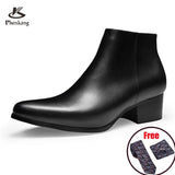 Jinquedai  Men Winter Genuine Cow Leather Chelsea Boots Zipper 5cm Thick Heel Handsome Brogue Casual Ankle Shoes Dress Boots jinquedai