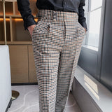 Jinquedai  British Style Men High Waist Business Dress Pants Fashion Houndstooth Office Social Suit Pants Wedding Groom Casual Trousers Men jinquedai