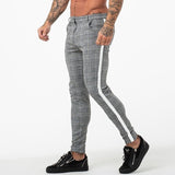 Jinquedai  Casual Mens Chinos Cotton Slim Fit Men Pants Trousers Skinny Chinos Pants Grey Ankle Length Streetwear Plaid Side Stripe Pants jinquedai