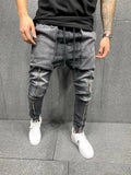 Jinquedai  Solid Color Vintage Man Wrinkle Jeans Blue Classic Cargo Pants Mans Zipper Pockets Hip-hop Denim pants Drawstring Casual Trouser jinquedai