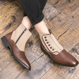 Jinquedai New MenFashion Casual Business All-match Dress Shoes Handmade PU Stitching Tweed Button Comfortable Short Boots jinquedai