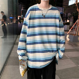 Korean Fashion Striped Autumn Apring Men T Shirt Teen Style Long Sleeve Loose Basic Tops Round Neck Harajuku Green Blue Orange jinquedai