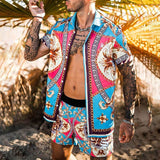 Summer Men Clothing Set Casual Hawaiian Print Short Sleeve Shirt and Beach Shorts Quick-drying 2 Piece Suit jinquedai