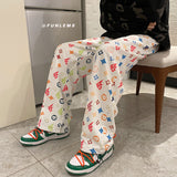 Jinquedai New Lightning Printed Long Pants Men Elastic Waist Harajuku Streetwear Men Loose Hip Hop Sweatpants Casual Pants S-2XL jinquedai