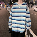 Korean Fashion Striped Autumn Apring Men T Shirt Teen Style Long Sleeve Loose Basic Tops Round Neck Harajuku Green Blue Orange jinquedai