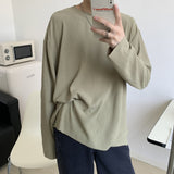 Summer Autumn Pleated T Shirt Men's Fashion Solid Color Casual Long-sleeved T-shirt Men Korean Loose Oversize Ice Silk Tshirt Mens Tops jinquedai