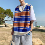 Jinquedai  Stripe Sweater Vest Men Fashion Retro Casual V-neck Sweater Vest Men Streetwear Korean Loose Vest Sweater Pullover Mens Clothes jinquedai