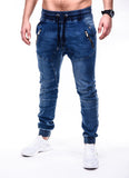 Jinquedai  Solid Color Vintage Man Wrinkle Jeans Blue Classic Cargo Pants Mans Zipper Pockets Hip-hop Denim pants Drawstring Casual Trouser jinquedai