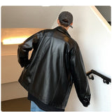 Hybskr Black Soft Faux Leather Motorcycle Jacket Solid Color Mens Hip Hop Coat Male Oversize Streetwear Fashion Mens Clothing jinquedai