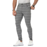 Jinquedai  Casual Mens Chinos Cotton Slim Fit Men Pants Trousers Skinny Chinos Pants Grey Ankle Length Streetwear Plaid Side Stripe Pants jinquedai