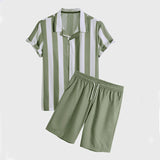 Men's Striped Short Sleeve Suit Hawaiian Casual Button Long Sleeve Shirt & Beach Shorts Street Wear Suit 2 Piece Set