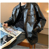 Hybskr Black Soft Faux Leather Motorcycle Jacket Solid Color Mens Hip Hop Coat Male Oversize Streetwear Fashion Mens Clothing jinquedai
