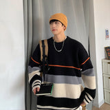 Striped sweater men's autumn and winter fashion brand loose color matching sweater coat versatile lazy wind thickened round neck jinquedai