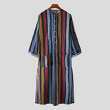 Men's Muslim Long Sleeve Cotton Striped Robes Summer Islamic Arabian Kaftan Suit Middle East Dubai Abaya Retro jinquedai