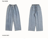 Jinquedai  Mens Baggy Jeans Vintage Blue Drawstring Elastic Waist Wide Legs Straight Denim Pants Korean Trousers Casual Male Brand Clothing jinquedai