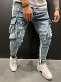 Men's Skinny ripped jeans men Pants Pencil Biker Side Striped Jeans Destroyed Hole Hip Hop Slim Fit Man Stretchy Jean Print jinquedai