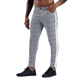 Jinquedai  Casual Mens Chinos Cotton Slim Fit Men Pants Trousers Skinny Chinos Pants Grey Ankle Length Streetwear Plaid Side Stripe Pants jinquedai