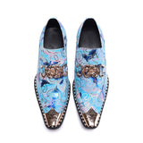 Jinquedai Brand New Shoes Men Pointed Metal Toe Blue Genuine Leather Dress Shoes Men Slip on Oxfords Party/Wedding Zapatos Hombre jinquedai