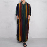 Men's Muslim Long Sleeve Cotton Striped Robes Summer Islamic Arabian Kaftan Suit Middle East Dubai Abaya Retro jinquedai