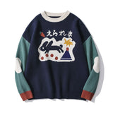 Men Hip Hop Streetwear Harajuku Sweater Vintage Retro Japanese Style Cartoon Bunny Jacquard Knitted Sweater Autumn Pullover jinquedai