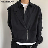 Jinquedai Fashion Men Casual Shirt Lapel Patchwork Long Sleeve Button Zipper Streetwear Fake Two Pieces Tops Camisas S-5XL INCERUN jinquedai