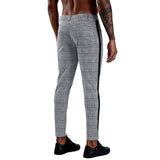 Jinquedai  Casual Mens Chinos Cotton Slim Fit Men Pants Trousers Skinny Chinos Pants Grey Ankle Length Streetwear Plaid Side Stripe Pants jinquedai