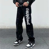 High Street Ink Painted Letter Washed Retro Straight Jeans Pants Mens and Womens Hip Hop Loose Oversized Casual Denim Trousers jinquedai