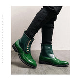 Jinquedai  Green Men Boots High Tube Top Chelsea Mens Boots Italian Button PU Leather Performance Men Art Design Brogue Shoes jinquedai