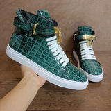 Phenkang Men Alligator Pattern High Top Sneakers Lock Lace Flats Glossy Real Leather Newest Designer Boots Men‘s Casual Shoes jinquedai