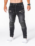 Jinquedai  Solid Color Vintage Man Wrinkle Jeans Blue Classic Cargo Pants Mans Zipper Pockets Hip-hop Denim pants Drawstring Casual Trouser jinquedai