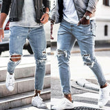 Men's Skinny ripped jeans men Pants Pencil Biker Side Striped Jeans Destroyed Hole Hip Hop Slim Fit Man Stretchy Jean Print jinquedai