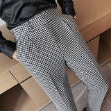 Jinquedai  British Style Men High Waist Business Dress Pants Fashion Houndstooth Office Social Suit Pants Wedding Groom Casual Trousers Men jinquedai