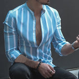 Camisas Para Hombre European American New Men's Stand Collar Striped Long Sleeve Shirt Casual Fashion Men's Clothing jinquedai