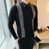 Jinquedai High Quality Simple Fashion Striped Spliced Sweater Men Clothing Fake-2pieces Business Knitted Pullovers Black/Gray 4XL-M jinquedai