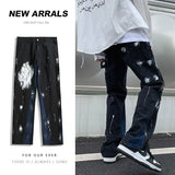 High street pants American street skateboard washed splash jeans men's floor pants streetwear hiphop Panic buying denim men jinquedai
