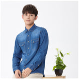 Jinquedai  Men's Slim Denim Shirt spring High Quality 100% Cotton Square Collar Pocket Button Fashion Long Sleeve Shirt jinquedai