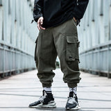 Men Cargo Pants Black Ribbons Block Multi-Pocket Harem Joggers Harajuku Sweatpant Hip Hop Casual Harem Tide Male Trousers jinquedai