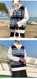 Jinquedai  Stripe Sweater Vest Men Fashion Retro Casual V-neck Sweater Vest Men Streetwear Korean Loose Vest Sweater Pullover Mens Clothes jinquedai