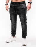 Jinquedai  Solid Color Vintage Man Wrinkle Jeans Blue Classic Cargo Pants Mans Zipper Pockets Hip-hop Denim pants Drawstring Casual Trouser jinquedai