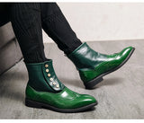 Jinquedai  Green Men Boots High Tube Top Chelsea Mens Boots Italian Button PU Leather Performance Men Art Design Brogue Shoes jinquedai