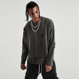 Vintage Streetwear Hole Sweatshirt Men Fashion 2021 Autumn Pullover Solid Color Harajuku Cotton Tops Casual Loose jinquedai