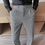 Jinquedai  British Style Men High Waist Business Dress Pants Fashion Houndstooth Office Social Suit Pants Wedding Groom Casual Trousers Men jinquedai