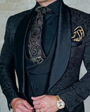 Men Suits Royal Blue and Black Groom Tuxedos Shawl Satin Lapel Groomsmen Wedding Best Man ( Jacket+Pants+Vest) custom jinquedai
