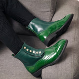 Jinquedai  Green Men Boots High Tube Top Chelsea Mens Boots Italian Button PU Leather Performance Men Art Design Brogue Shoes jinquedai