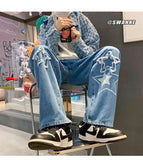 Jinquedai  Woolen embroidered jeans men's spring and autumn new loose straight pants ins trendy American wide leg pants streetwear jinquedai